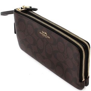 Coach Double Zip Wristlet Wallet (Large) Signature Brown/Black #F54057